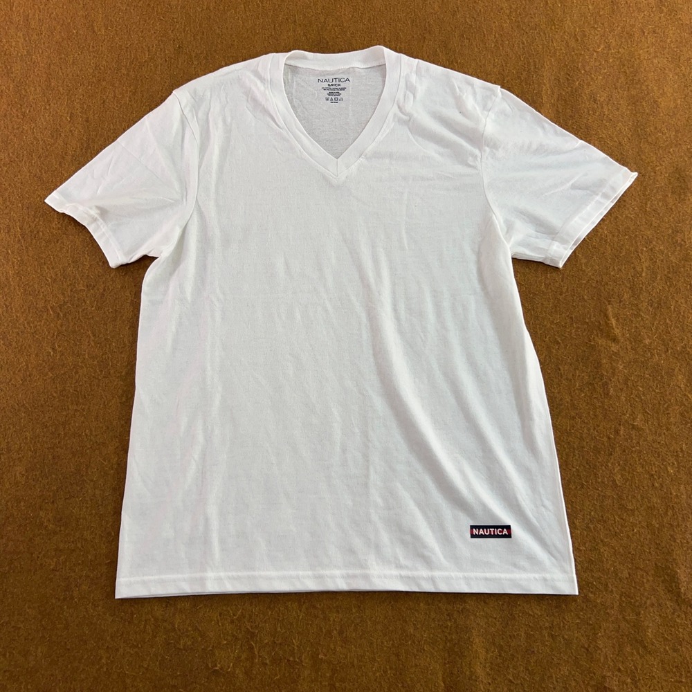 Nautica Mens Small White V-Neck Short Sleeve Logo Patch T-Shirt New